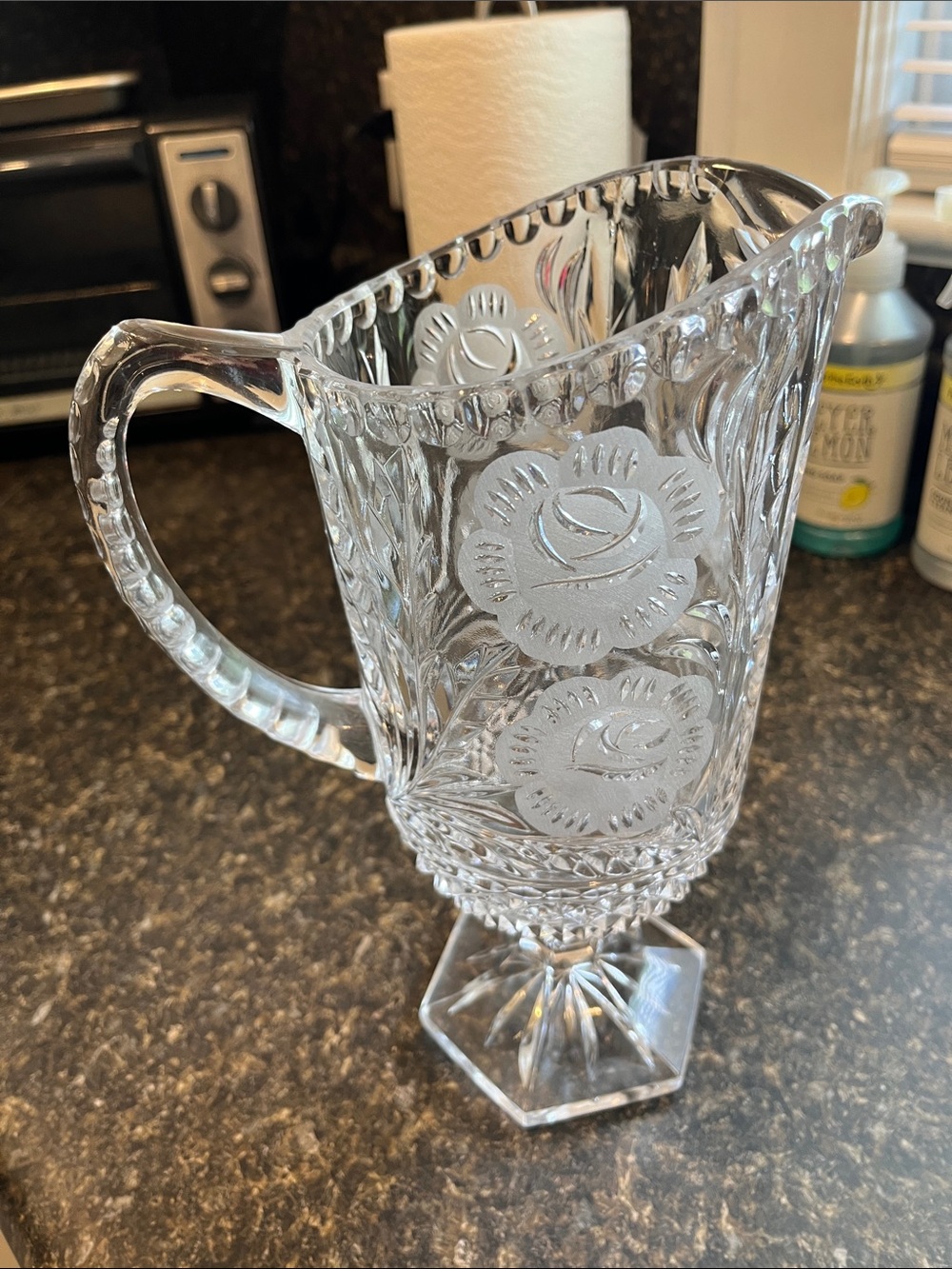 Cut Glass Etched Floral Pedestal Pitcher - Clear